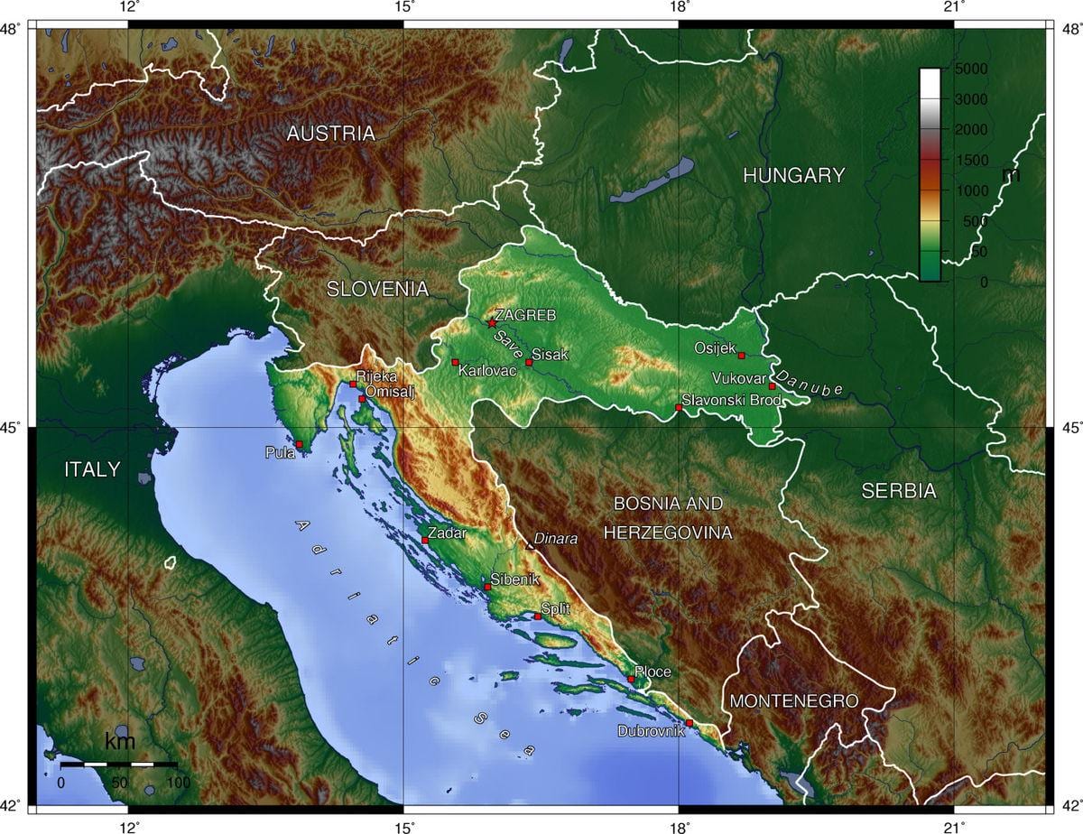 тапаграфічная карта Харватыі 