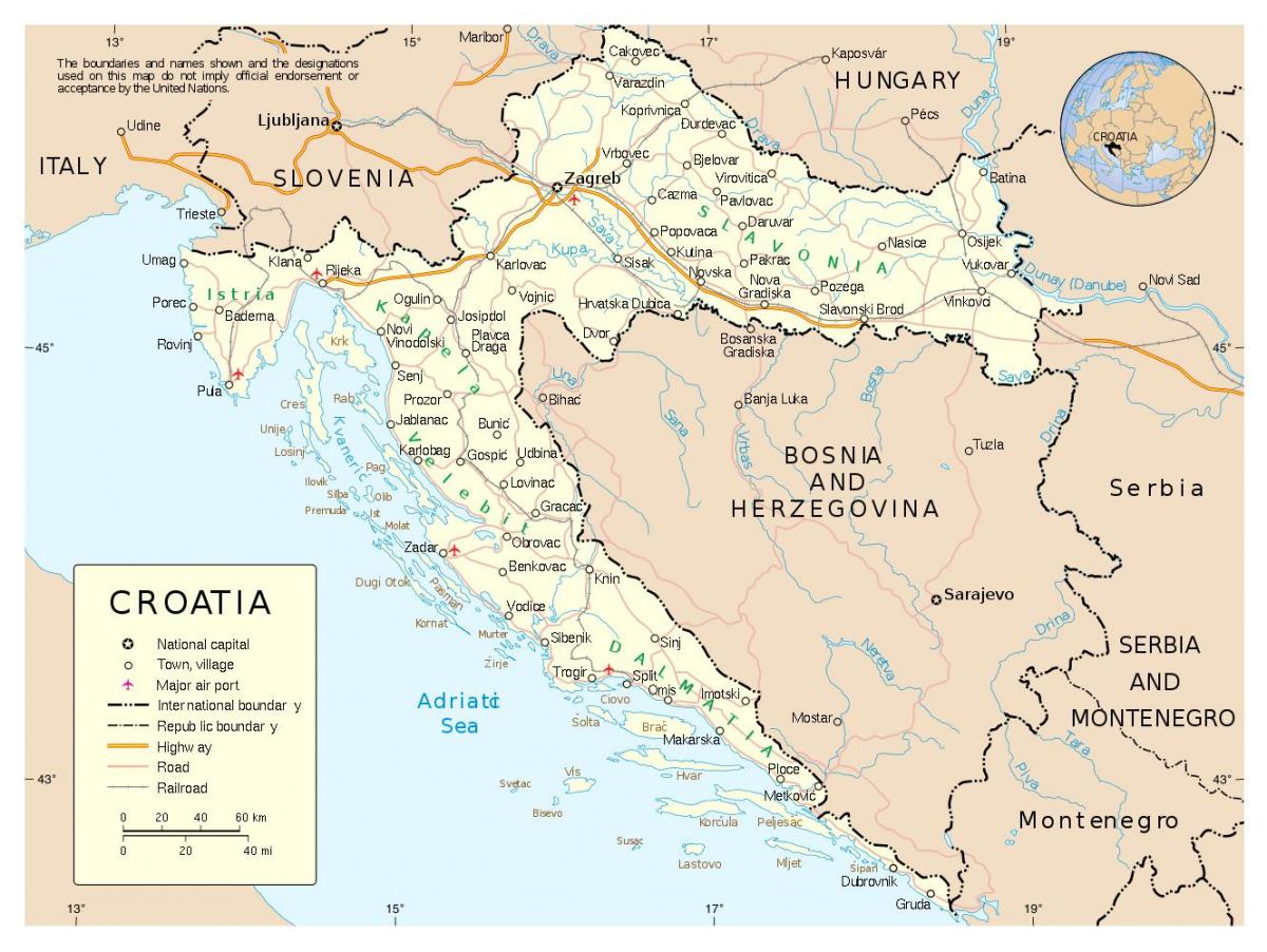 карта Харватыі з гарадамі